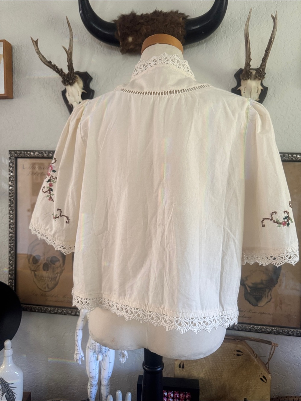 Embroidered Cream Tie-Front Peasant Top - Picture 4 of 6